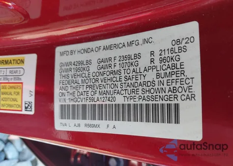 2020 Honda Accord Ex-L from USA, damaged, VIN 1HGCV1F59LA127420